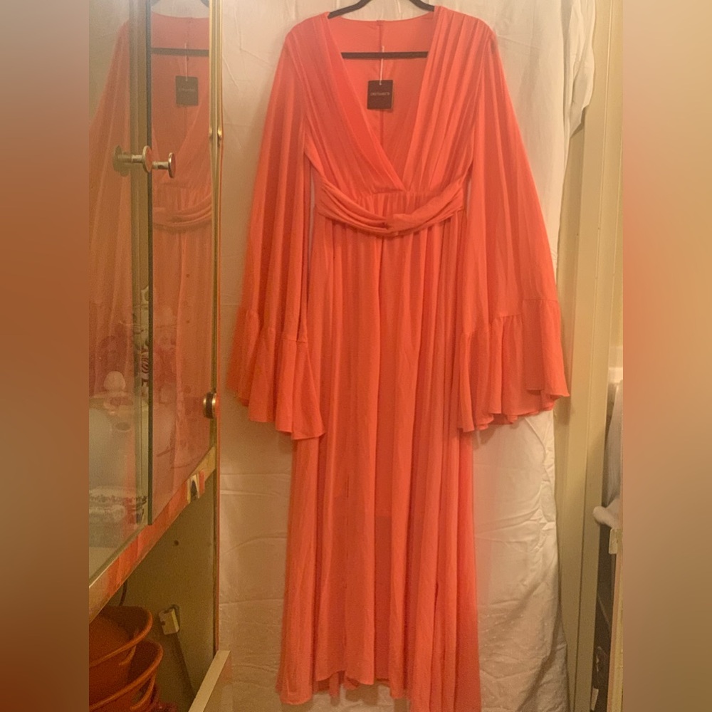 Chiffon Peach Color V Neck  Dramatic Long Sleeve Long Gown